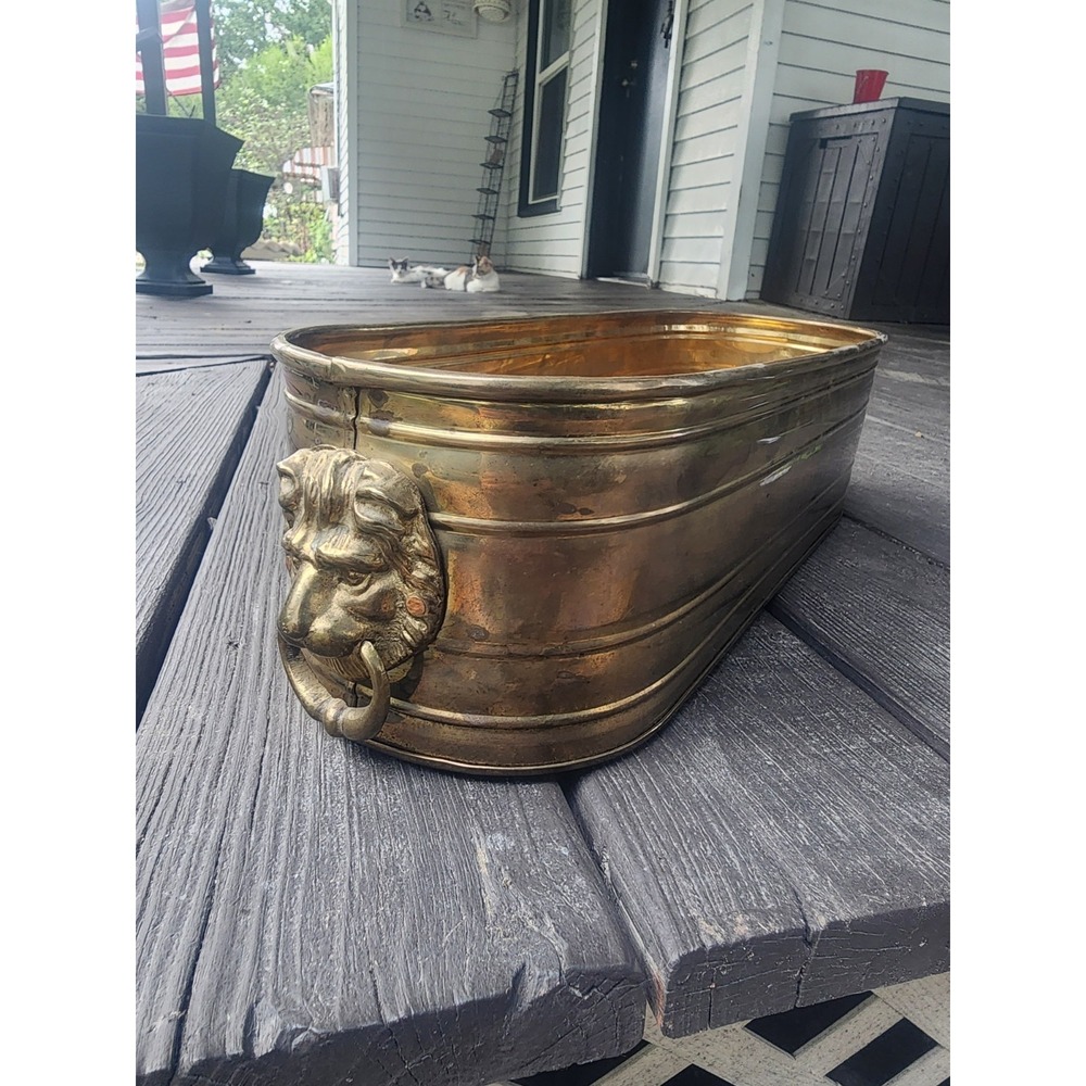 Vintage Gold Brass Lion Head Handled Long Oval Jardiniere Planter Box RARE HTF
